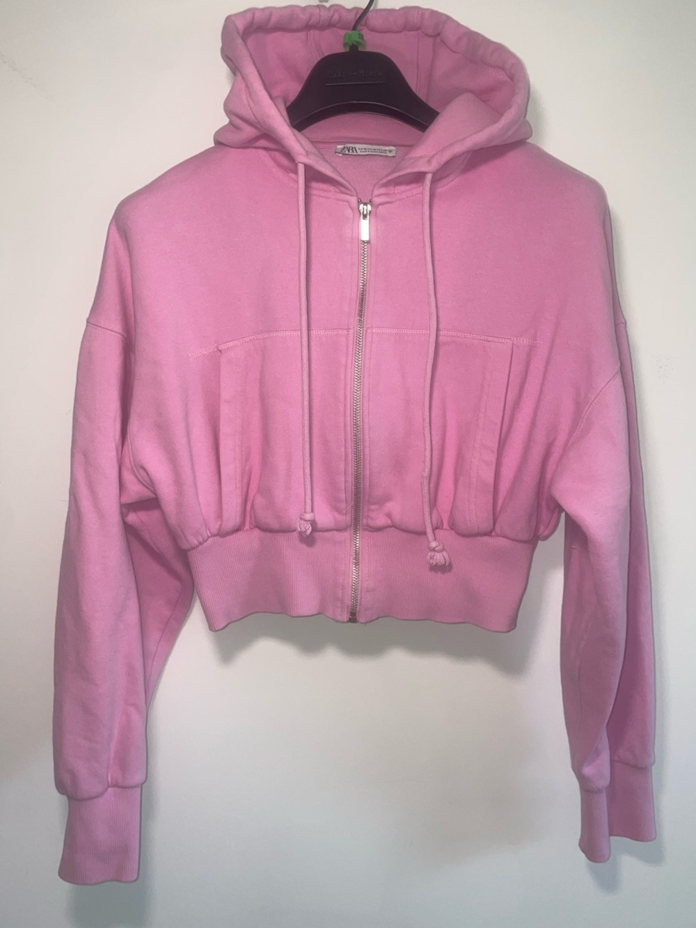 ZARA Hoodie Medium Pink Cropped Zip Sweater Colorful Bright Fitted Crop - Picture 2 of 6